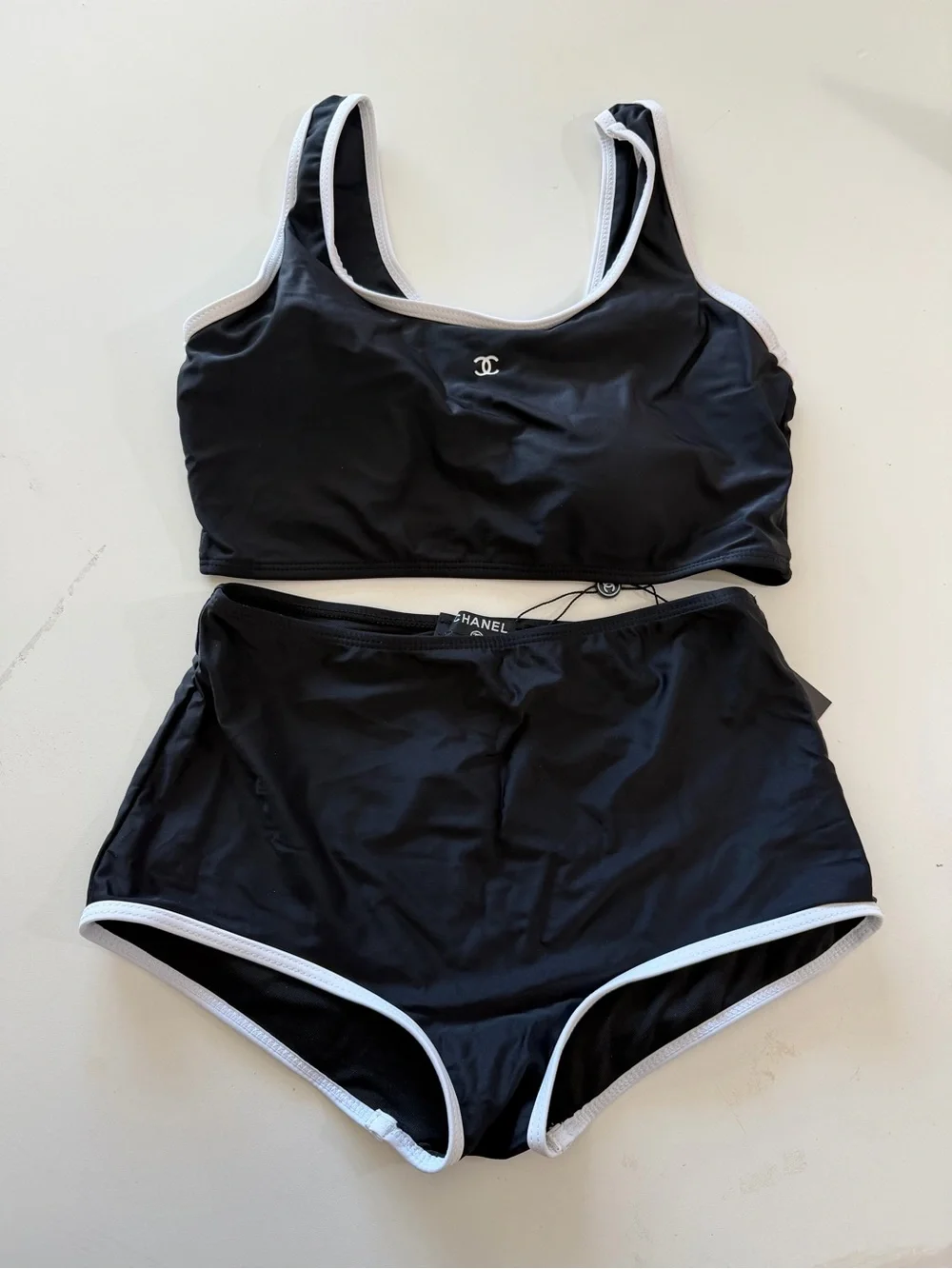 CHANEL Black Bikini Set with White Trim